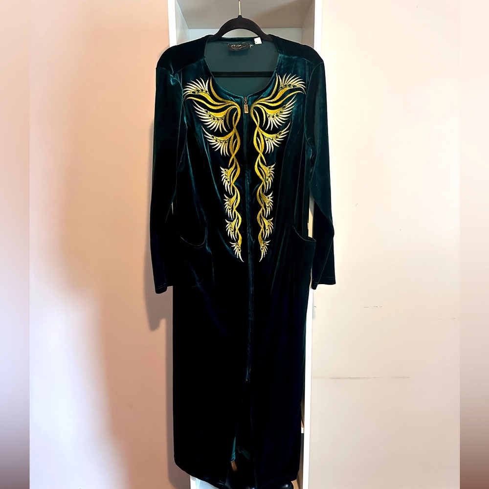 Vintage Velvet Emerald Green Zip Up Kaftan Maxi Dress by Bob Mackie 1970, Size M